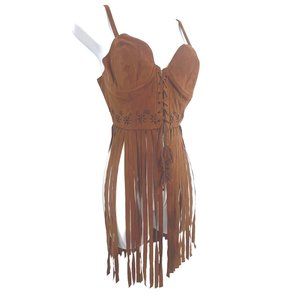 Sea Gypsies Faux Leather Lace Up Brown Bra Top With Fringe NWOT Medium